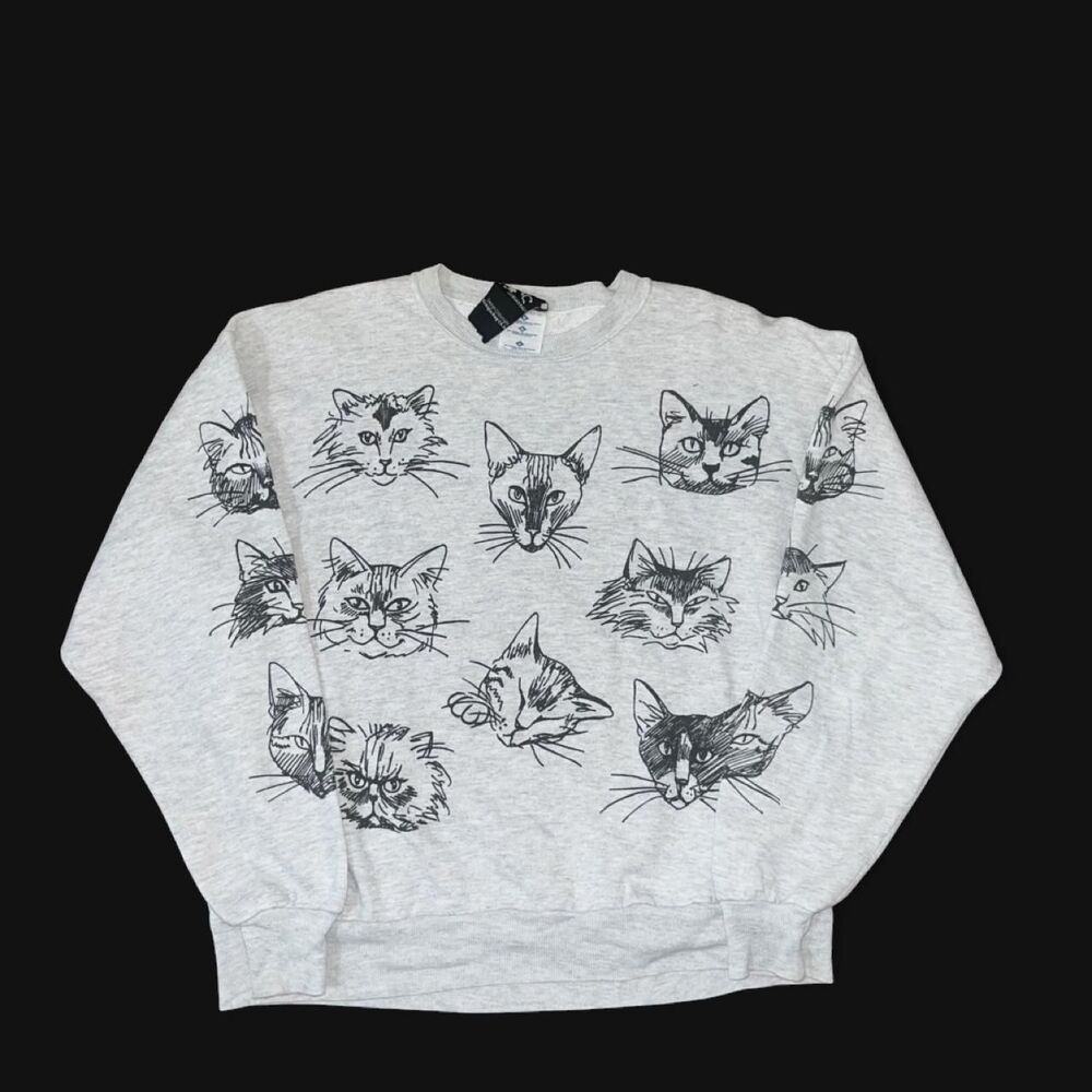 Vintage 90s Michigan Rag Company Men's Gray Cats All over Print Sweatshirt SZ L